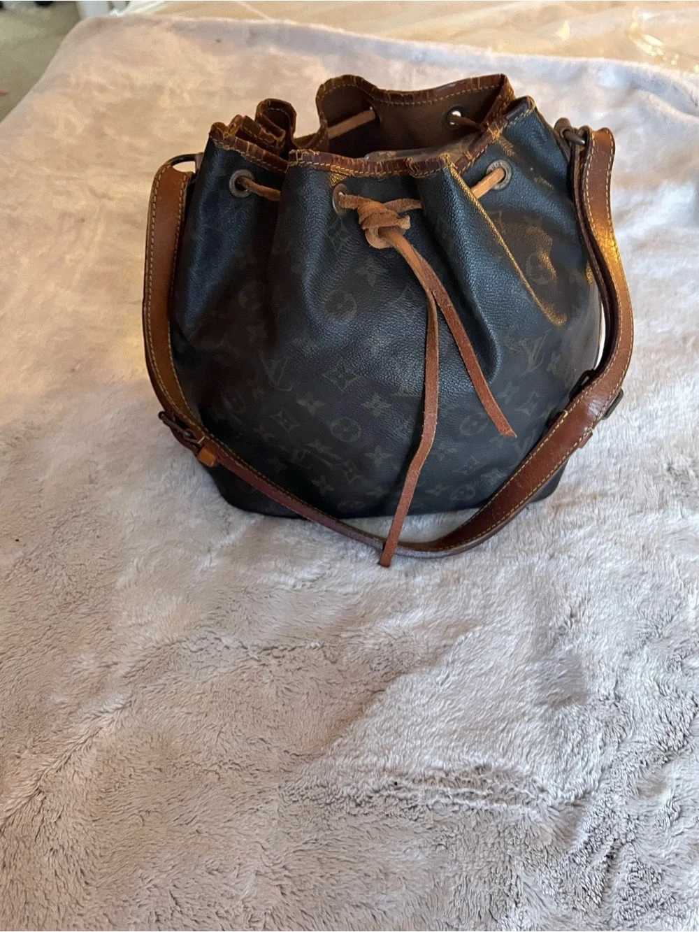Louis Vuitton Brown Monogram Drawstring Shoulder Bag with Tan Trim